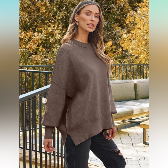 Women's Oversized Batwing Sweater Fall Crewneck Knit Side Slit Pullover Cozy 3X - Picture 5 of 16